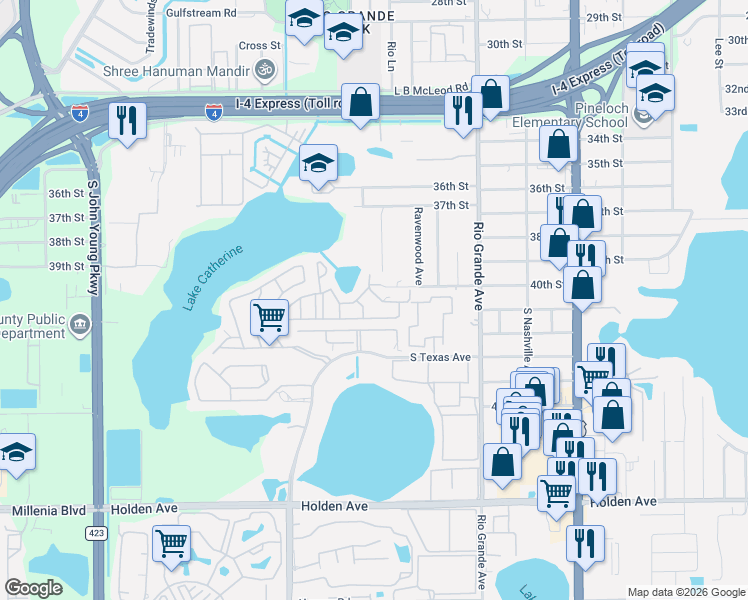 map of restaurants, bars, coffee shops, grocery stores, and more near 2001 Whitby Drive in Orlando