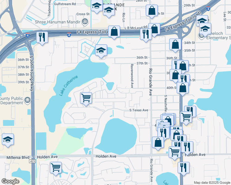 map of restaurants, bars, coffee shops, grocery stores, and more near 4026 Billingsgate Road in Orlando