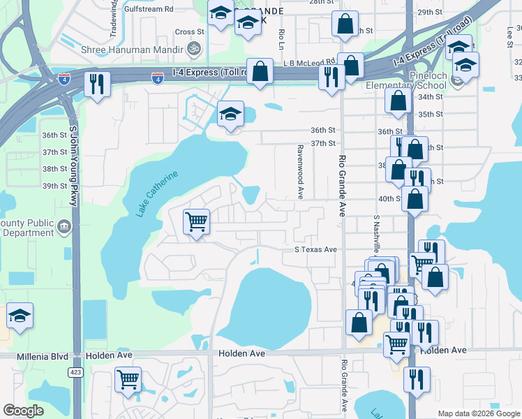 map of restaurants, bars, coffee shops, grocery stores, and more near 4026 Billingsgate Road in Orlando