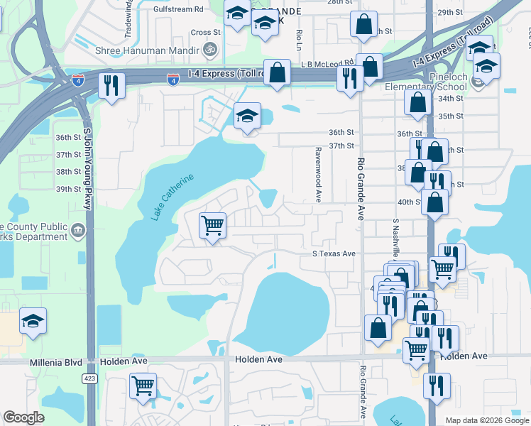 map of restaurants, bars, coffee shops, grocery stores, and more near 4026 Billingsgate Road in Orlando