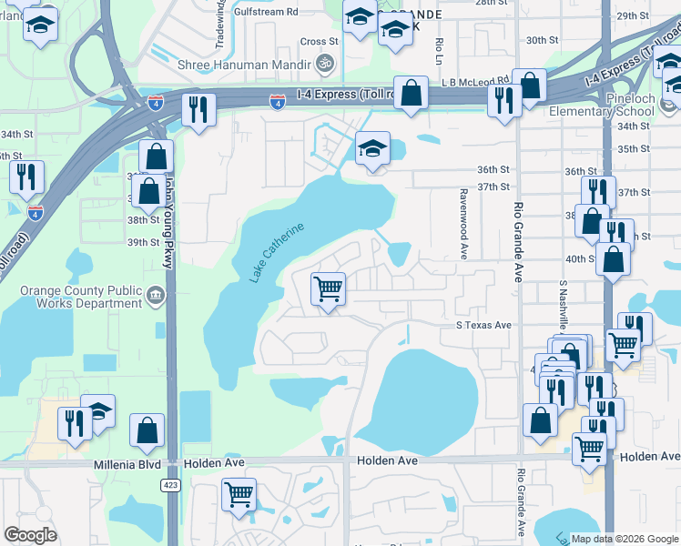map of restaurants, bars, coffee shops, grocery stores, and more near 1840 Warringwood Drive in Orlando