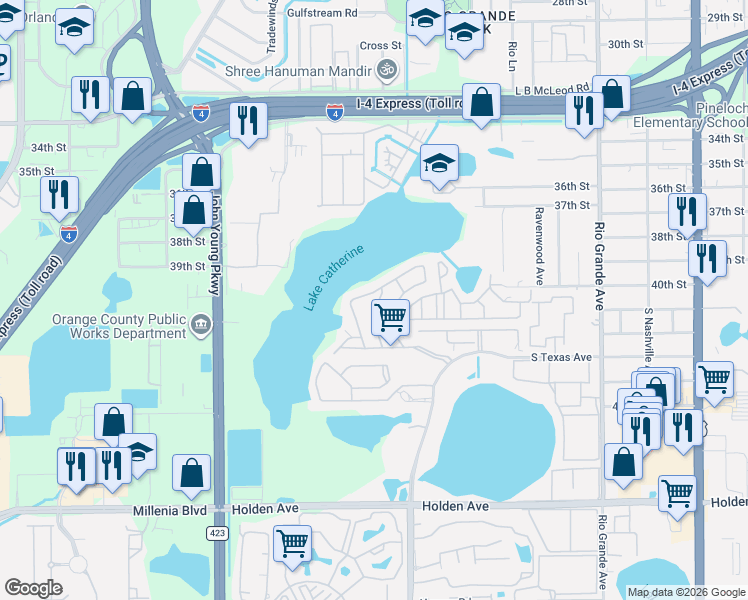 map of restaurants, bars, coffee shops, grocery stores, and more near 4184 Inglenook Lane in Orlando