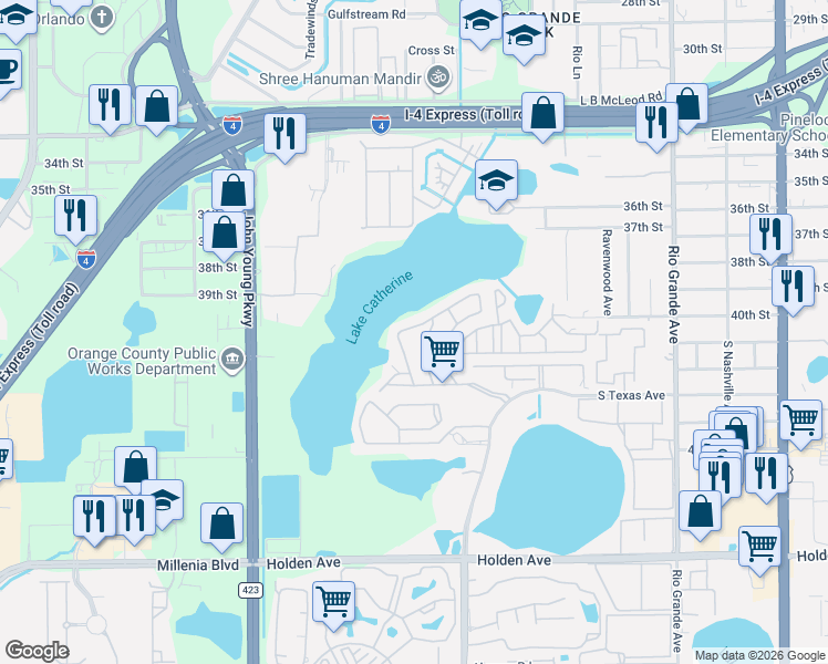 map of restaurants, bars, coffee shops, grocery stores, and more near 4184 Inglenook Lane in Orlando