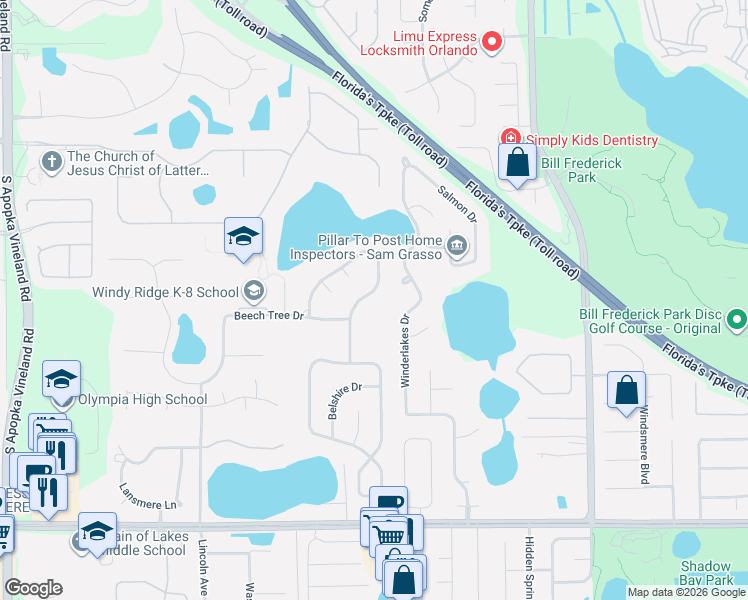 map of restaurants, bars, coffee shops, grocery stores, and more near 3553 Bellington Drive in Orlando