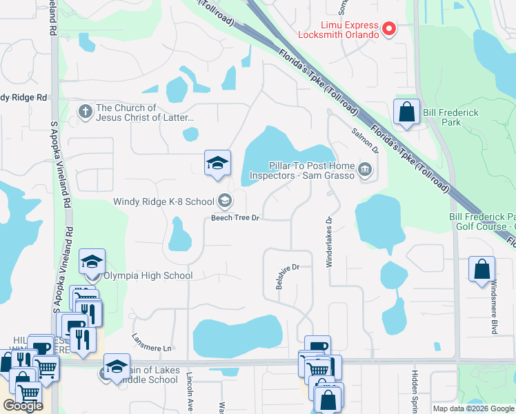 map of restaurants, bars, coffee shops, grocery stores, and more near 3719 Beech Tree Drive in Orlando