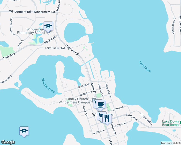 map of restaurants, bars, coffee shops, grocery stores, and more near 61 Main Street in Windermere