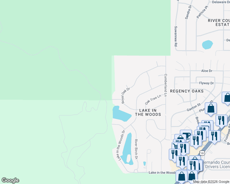 map of restaurants, bars, coffee shops, grocery stores, and more near 7333 Royal Oak Drive in Spring Hill