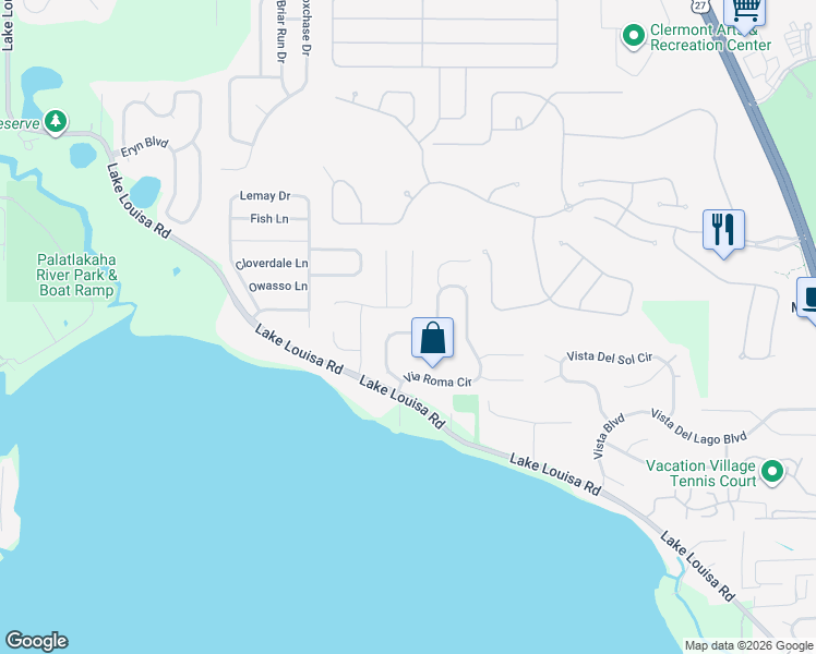 map of restaurants, bars, coffee shops, grocery stores, and more near 13326 Via Roma Circle in Clermont