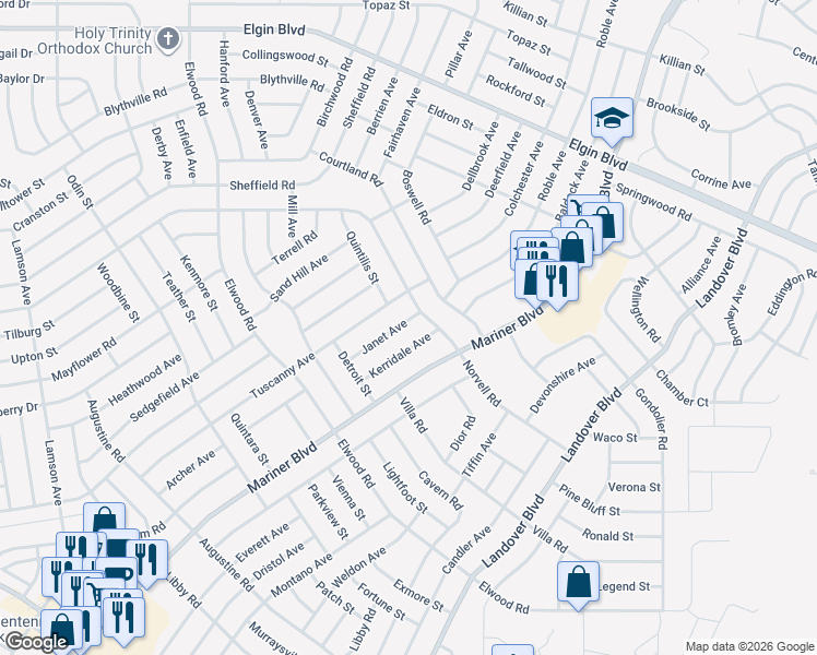 map of restaurants, bars, coffee shops, grocery stores, and more near 11479 Kerridale Avenue in Spring Hill
