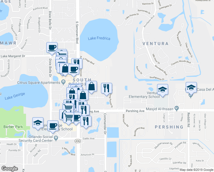 map of restaurants, bars, coffee shops, grocery stores, and more near 4148 Pershing Pointe Place in Orlando