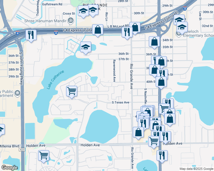 map of restaurants, bars, coffee shops, grocery stores, and more near 4036 Norwich Road in Orlando