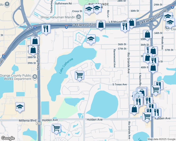 map of restaurants, bars, coffee shops, grocery stores, and more near 4021 Woodfern Drive in Orlando
