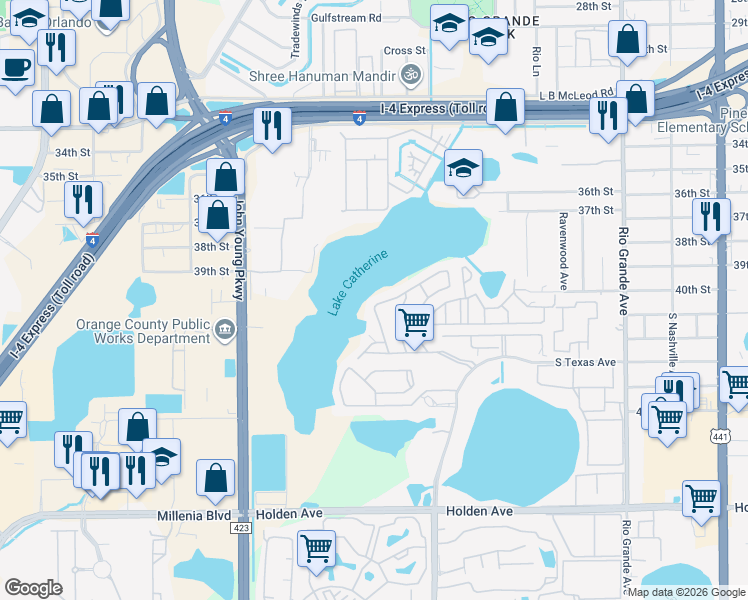 map of restaurants, bars, coffee shops, grocery stores, and more near 2661 Barkwater Drive in Orlando
