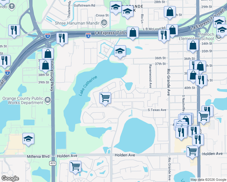 map of restaurants, bars, coffee shops, grocery stores, and more near 2420 Barkwater Drive in Orlando
