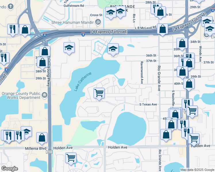 map of restaurants, bars, coffee shops, grocery stores, and more near 2420 Barkwater Drive in Orlando