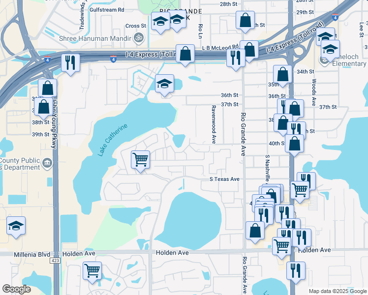 map of restaurants, bars, coffee shops, grocery stores, and more near 2121 Lyme Bay Drive in Orlando