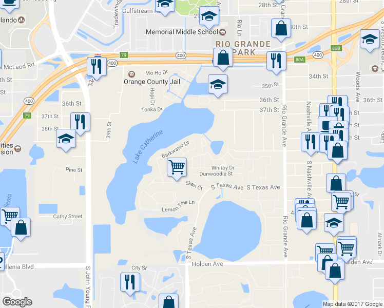 map of restaurants, bars, coffee shops, grocery stores, and more near 2420 Barkwater Drive in Orlando