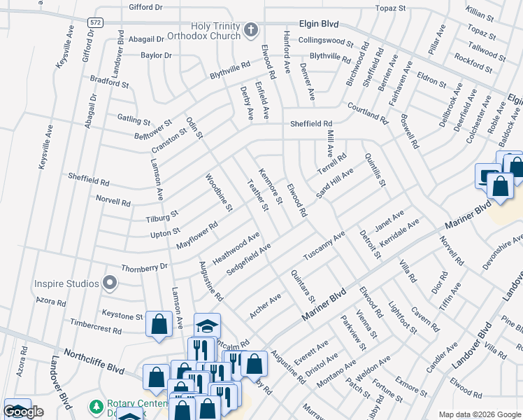 map of restaurants, bars, coffee shops, grocery stores, and more near 5077 Kenmore Street in Spring Hill