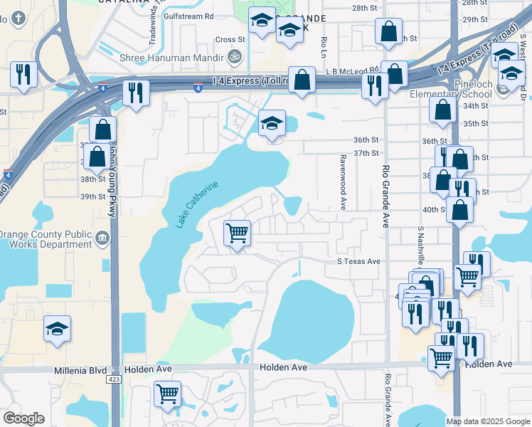 map of restaurants, bars, coffee shops, grocery stores, and more near 3976 Crayrich Circle in Orlando
