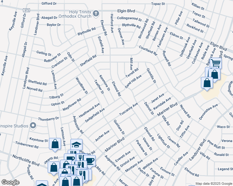 map of restaurants, bars, coffee shops, grocery stores, and more near 5053 Elwood Road in Spring Hill