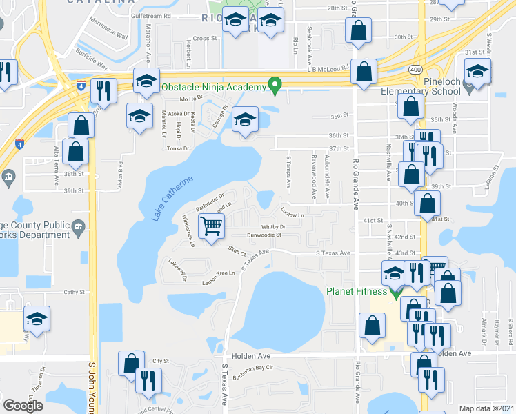 map of restaurants, bars, coffee shops, grocery stores, and more near 3912 Coronation Court in Orlando