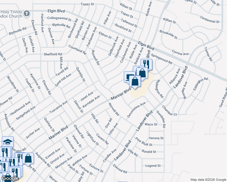 map of restaurants, bars, coffee shops, grocery stores, and more near 5053 Baldock Avenue in Spring Hill