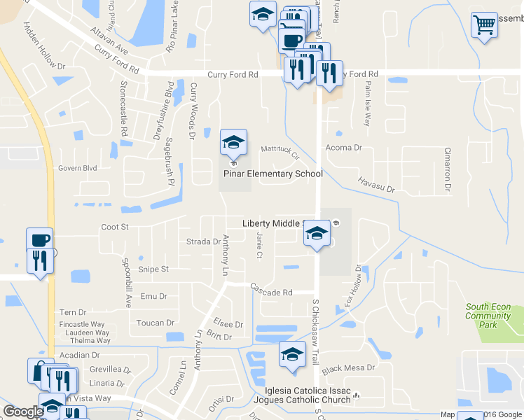 map of restaurants, bars, coffee shops, grocery stores, and more near 3300 South Chickasaw Trail in Orlando