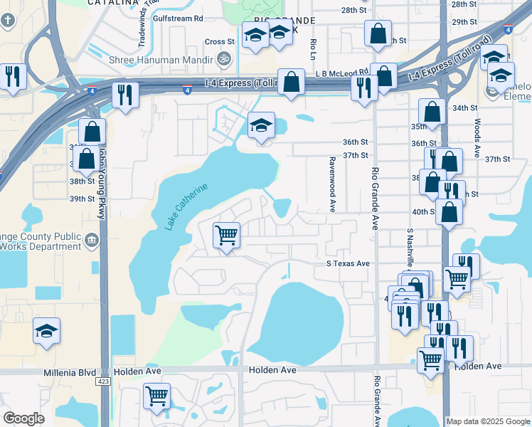 map of restaurants, bars, coffee shops, grocery stores, and more near 3976 Crayrich Circle in Orlando