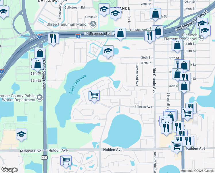 map of restaurants, bars, coffee shops, grocery stores, and more near 3976 Crayrich Circle in Orlando