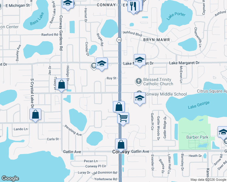 map of restaurants, bars, coffee shops, grocery stores, and more near 4308 Mizell Street in Orlando