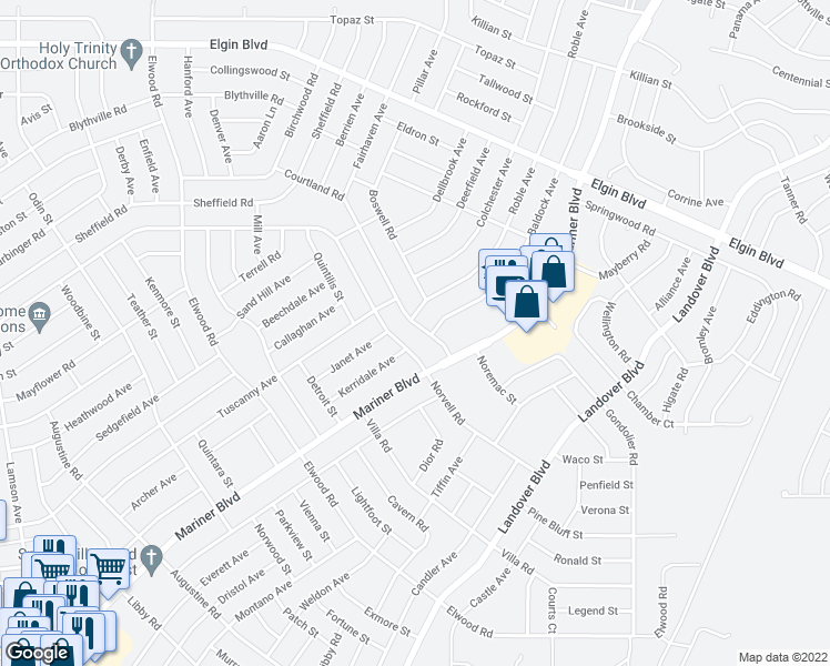 map of restaurants, bars, coffee shops, grocery stores, and more near 5085 Courtland Road in Spring Hill