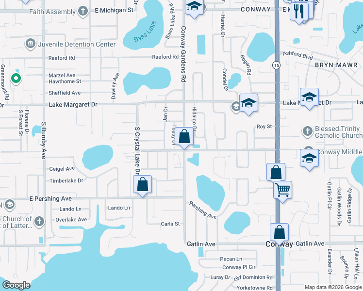 map of restaurants, bars, coffee shops, grocery stores, and more near 3313 Conway Gardens Road in Orlando