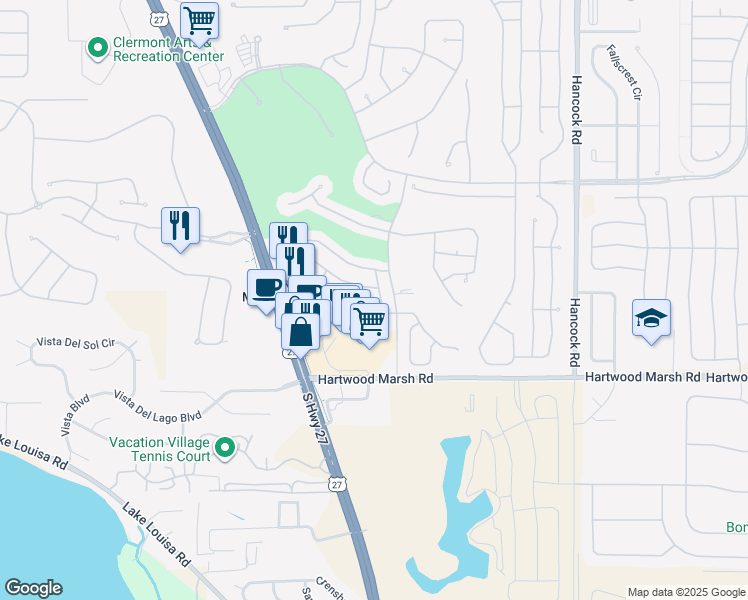 map of restaurants, bars, coffee shops, grocery stores, and more near 4214 Chamberlain Way in Clermont