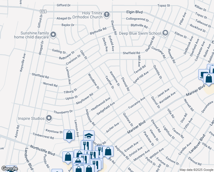 map of restaurants, bars, coffee shops, grocery stores, and more near 11216 Mayflower Road in Spring Hill