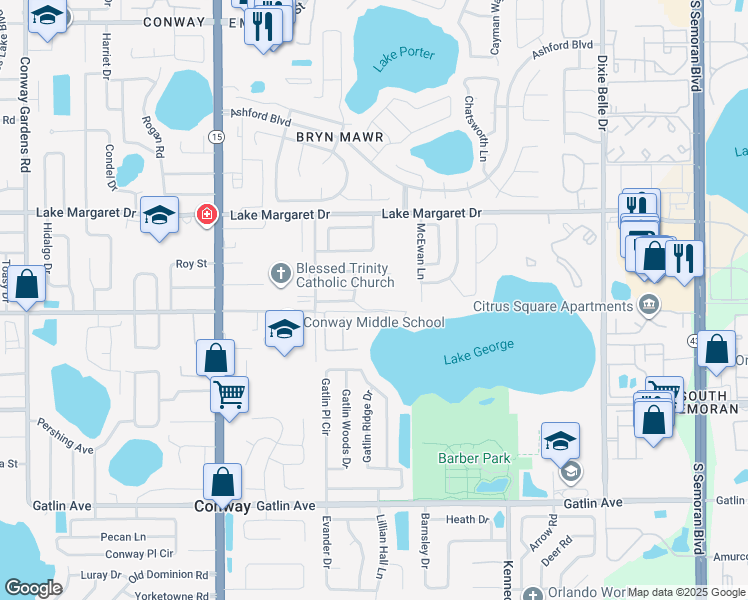 map of restaurants, bars, coffee shops, grocery stores, and more near 3243 Burchfield Avenue in Orlando