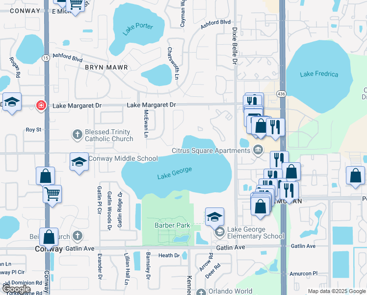 map of restaurants, bars, coffee shops, grocery stores, and more near 3228 Lake George Cove Drive in Orlando