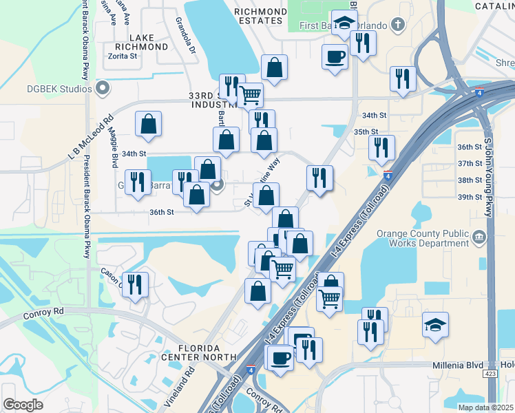 map of restaurants, bars, coffee shops, grocery stores, and more near 3823 Saint Valentine Way in Orlando
