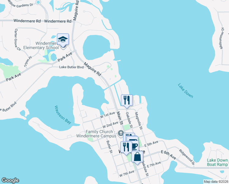 map of restaurants, bars, coffee shops, grocery stores, and more near 19 Main Street in Windermere