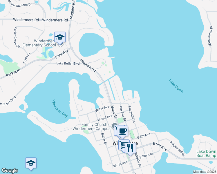 map of restaurants, bars, coffee shops, grocery stores, and more near 19 Main Street in Windermere