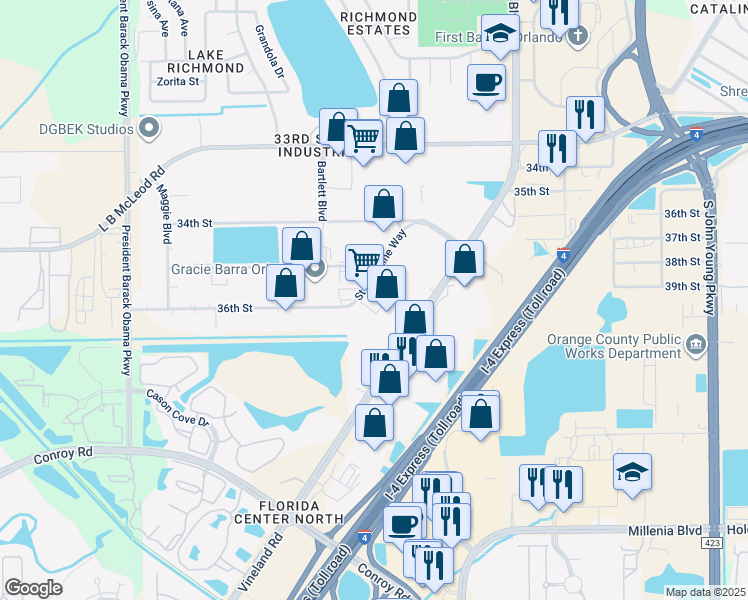 map of restaurants, bars, coffee shops, grocery stores, and more near 3823 Saint Valentine Way in Orlando