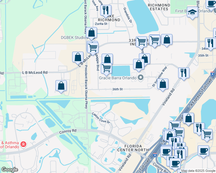 map of restaurants, bars, coffee shops, grocery stores, and more near 4629 36th St in Orlando