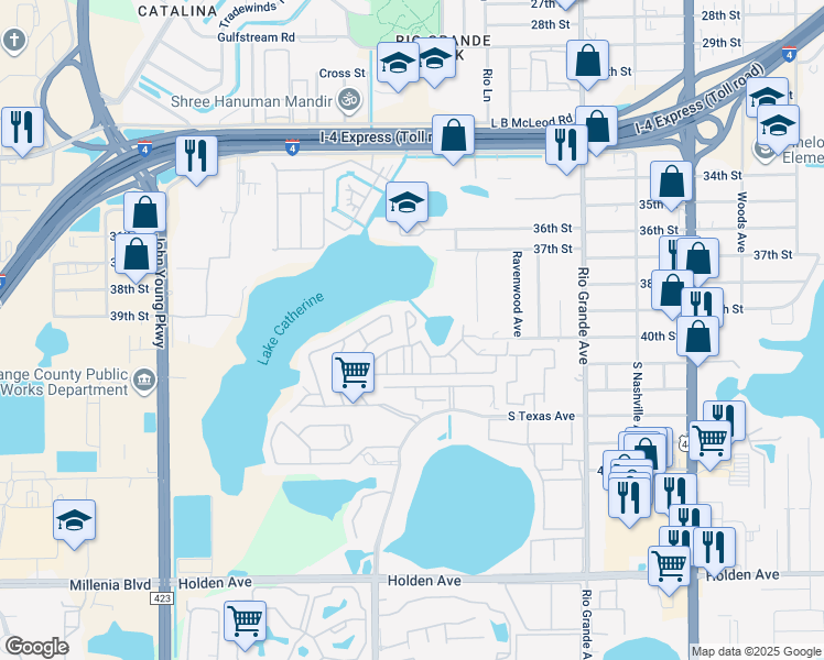 map of restaurants, bars, coffee shops, grocery stores, and more near 3976 Crayrich Circle in Orlando
