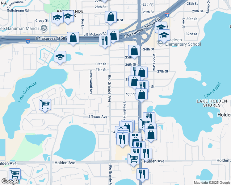 map of restaurants, bars, coffee shops, grocery stores, and more near 1417 40th Street in Orlando
