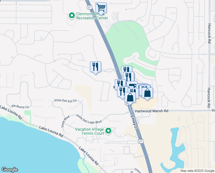 map of restaurants, bars, coffee shops, grocery stores, and more near 4235 Fawn Meadows Circle in Clermont