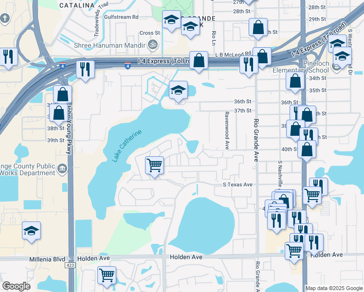 map of restaurants, bars, coffee shops, grocery stores, and more near 3976 Crayrich Circle in Orlando
