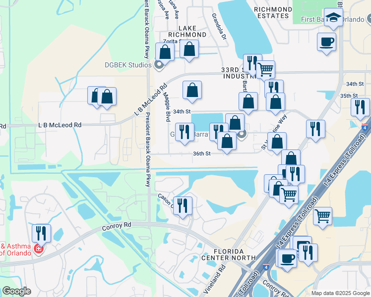 map of restaurants, bars, coffee shops, grocery stores, and more near 4629 36th Street in Orlando