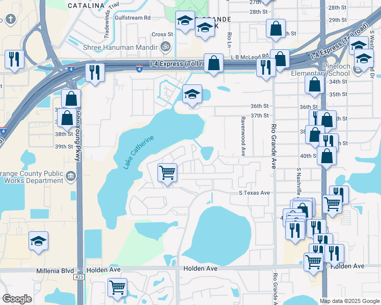 map of restaurants, bars, coffee shops, grocery stores, and more near 3976 Crayrich Circle in Orlando