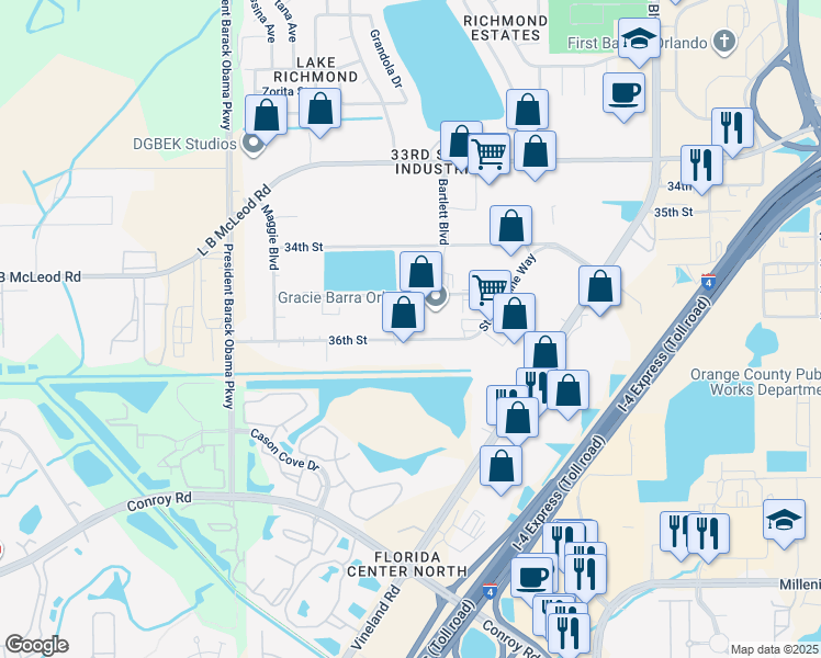 map of restaurants, bars, coffee shops, grocery stores, and more near 4493 36th Street in Orlando