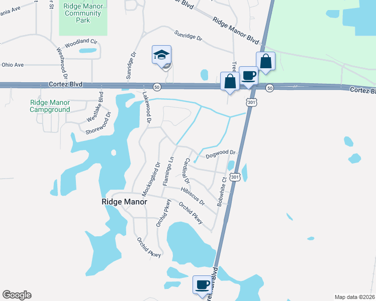 map of restaurants, bars, coffee shops, grocery stores, and more near 5043 Cardinal Drive in Ridge Manor