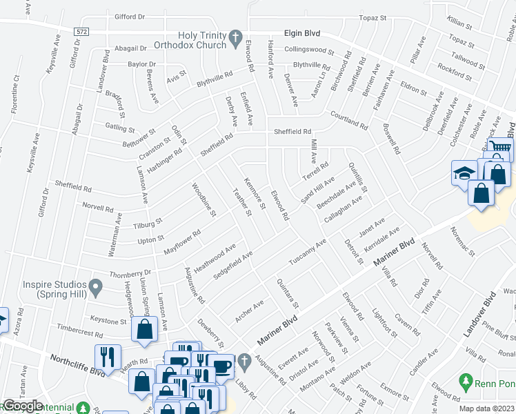 map of restaurants, bars, coffee shops, grocery stores, and more near 5077 Kenmore Street in Spring Hill